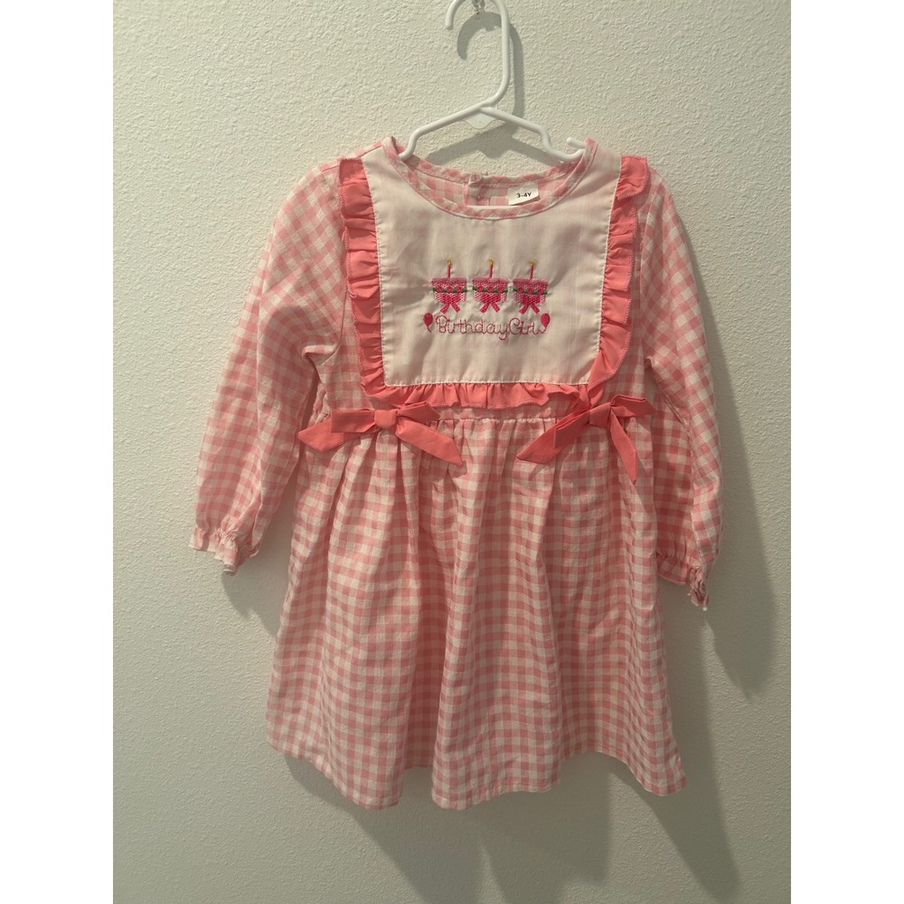 Pink Gingham Birthday Girl Embroidered Ruffle Dress Toddler 3-4Y